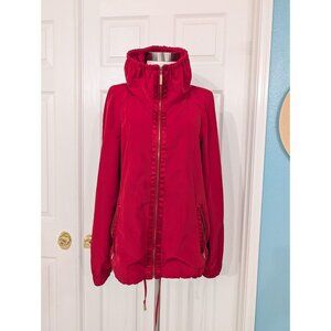 St John Woman Red Jacket Full Zip Mock Neck Drawstring Roll Tabs Sz LG Preppy